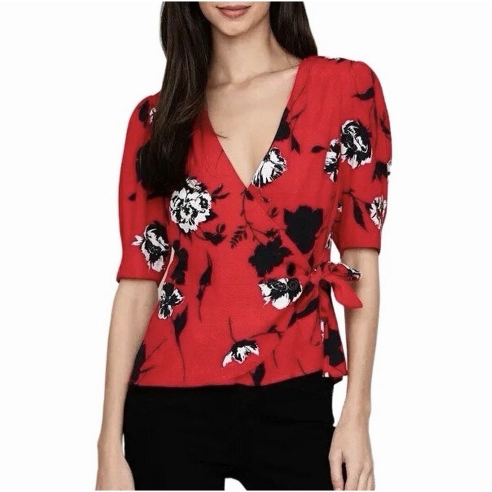 Yumi Kim Floral Print V-Neck Short Sleeve Tie Wrap Front  Blouse Top Red Black L